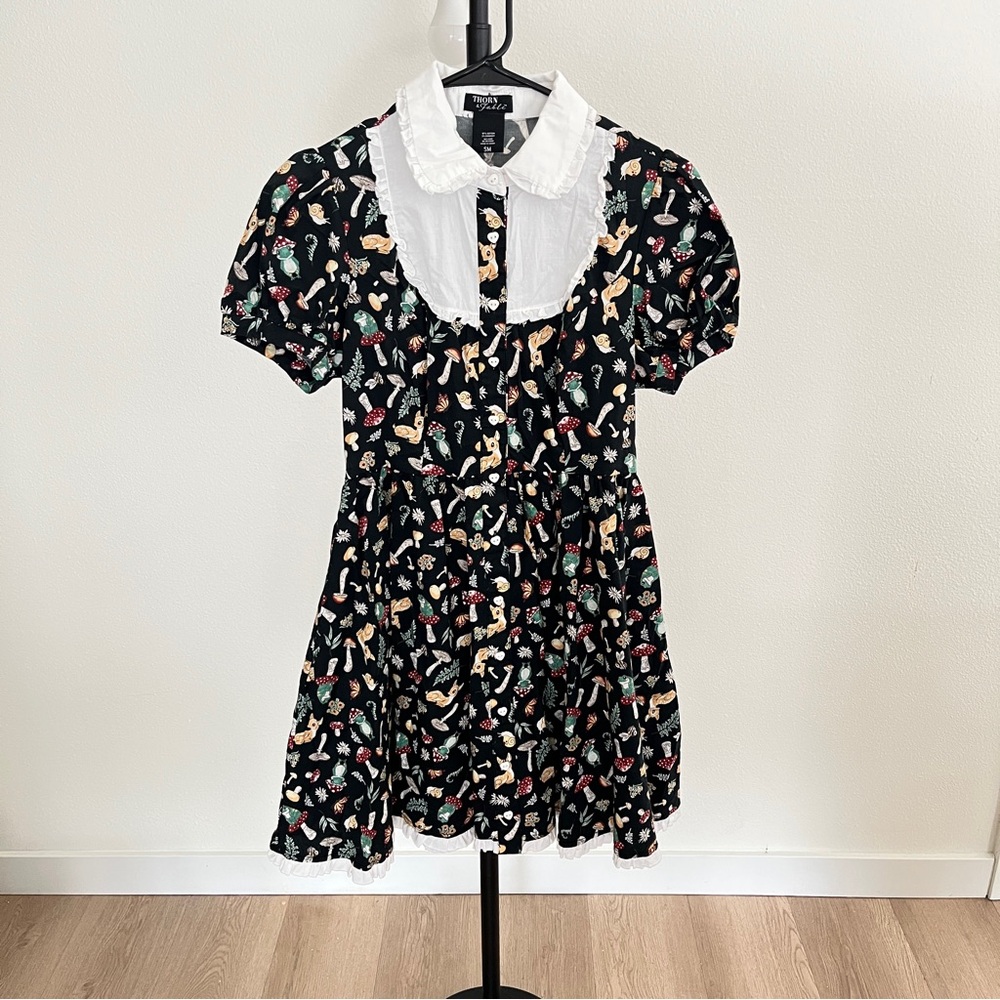 Thorn & Fable Black Cottage Critters Print Collar Dress